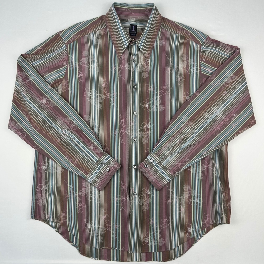 1 Like No Other Mens Slim Fit Size 4 Button Down Shirt Striped Floral MultiColor